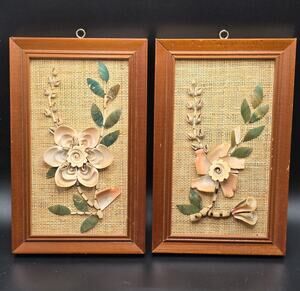 Vintage Mid Century 3D Seashell Flower Art Framed Picture Set MCM Coastal Decor